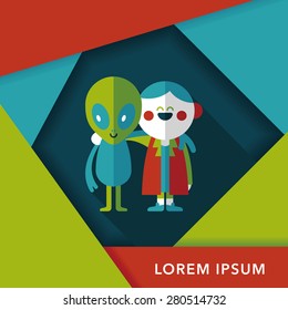 Space alien friendship flat icon with long shadow,eps10