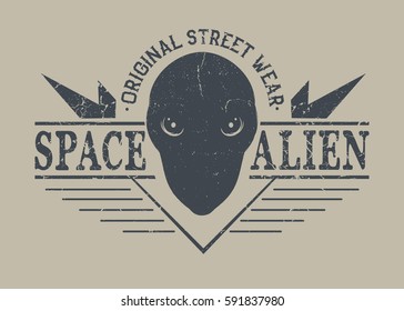 Space alien head label .Prints design for t-shirt.Street style label