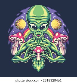 space alien magic mushroom illustration for tshirt design, logo, or stickers.