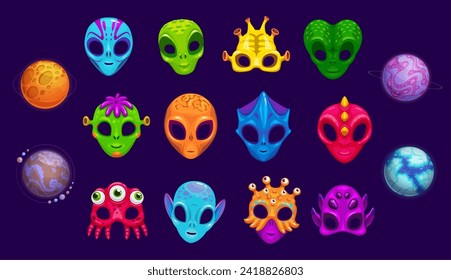 Space alien masks for photo booth and props of monster creatures, vector cartoon faces. Martian alien and humanoid mutants with reptile tentacles and suckers for galaxy photo booth masks