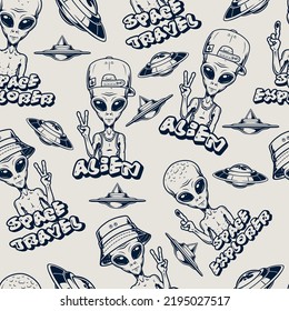 Space alien monochrome seamless pattern vintage humanoid in cap of extraterrestrial origin greets earth civilization showing v fingers vector illustration