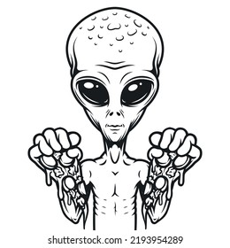 Space alien monochrome vintage portrait holds slices pizza loves human food humanoid from planet mars of solar system vector illustration