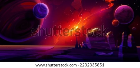 Space, alien planet landscape, cosmic background with rocks, and stars shine in deep universe with red glow nebula. Extraterrestrial game backdrop with parallax effect, Cartoon vector illustration