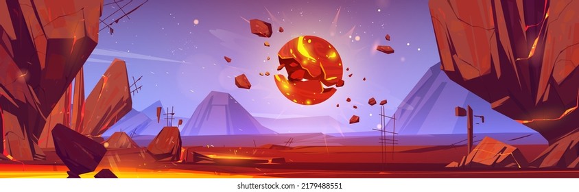 Space, alien planet landscape with exploding glowing moon or satellite above rock and lava. Extraterrestrial mountains panoramic view, pc game background, cosmos exploring, Cartoon vector illustration