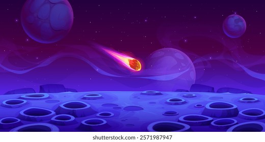 Space alien planet surface with falling asteroid, galaxy background. Cartoon vector celestial scene with a comet plummeting toward a mysterious planet with craters in vast Universe filled with stars