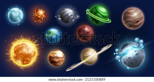 Space\
alien planet vector icon set, game UI fantasy kit, ice surface\
asteroid, Sun, Earth. Magic cosmos collection, 3D fiction fantastic\
spheres, lava stone explosion. Alien planet\
clipart