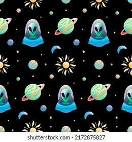 Space Alien Planet Vector Seamless Pattern. Awesome for classic product design, fabric, backgrounds, invitations, packaging design projects. Surface pattern design.