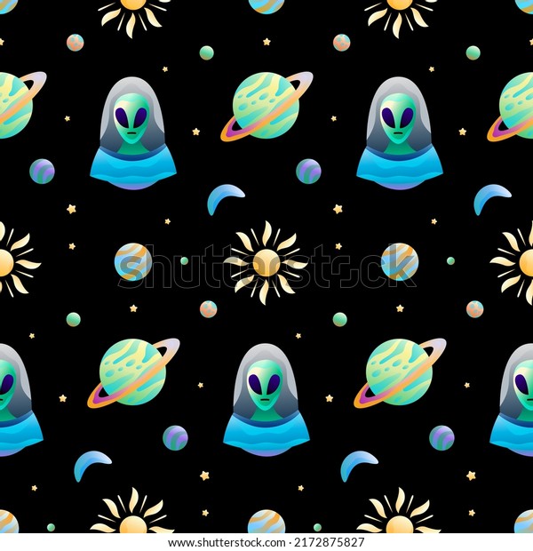 Space Alien Planet\
Vector Seamless Pattern. Awesome for classic product design,\
fabric, backgrounds, invitations, packaging design projects.\
Surface pattern design.