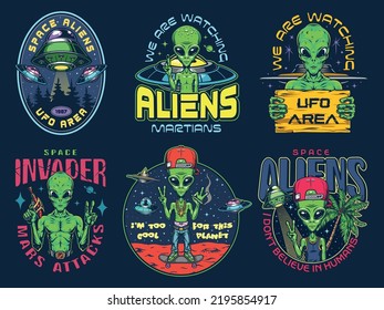 Space alien set colorful stickers vintage with peaceful and aggressive humanoids on UFO from galaxy or planet mars vector illustration