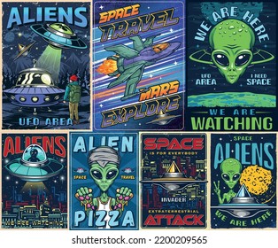 Space alien set posters vintage colorful with green monsters similar to people and UFO over houses or universe vector illustration