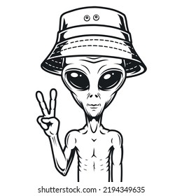 Space alien sketch monochrome vintage style humanoid Martian symbolizes world extraterrestrial guest from galaxy in panama vector illustration