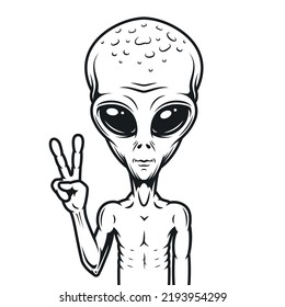 Space alien vintage monochrome emblem ufological humanoid with big eyes shows two fingers Martian from galaxy portrait vector illustration