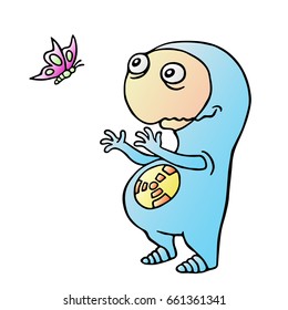 Space alien wants to catch the butterfly. Vector illustration. Cute cartoon character.