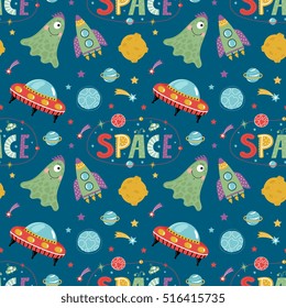 Space aliens cartoon seamless pattern. Funny one eye jelly creature, flying saucer, spaceship, stars, solar system planets, comets, moon, letters collage text vector illustrations on blue background