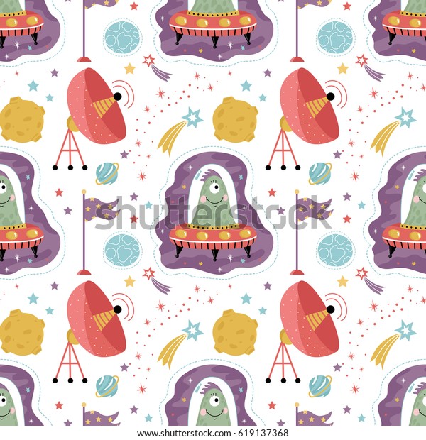 Space aliens cartoon seamless pattern. Funny\
one eye jelly creature in flying saucer, parabolic antenna, moon,\
falling stars, planets, moon, flag with stars vector illustrations\
on white background