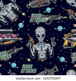 Space aliens colorful seamless pattern vintage humanoids with blasters inscription mars attacks in style star battles or wars vector illustration