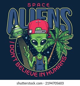 Raumaliens bunter Vintage Flyer Grün Martian, der auf fliegenden Untersaucer unterwegs ist steht vor Palm-Vektorgrafik Vektorgrafik