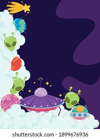 space aliens face ufo planet shooting star clouds galaxy cartoon vector illustration