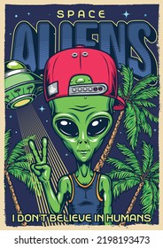 Space aliens flyer colorful vintage portrait young humanoid wearing UFO baseball cap and showing victory gesture greeting earthlings vector illustration