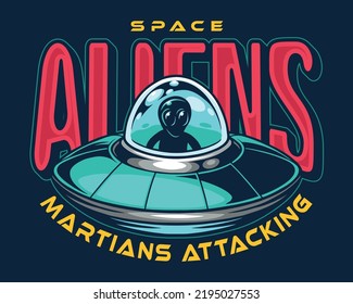 Raumaliens Flyer Vintage bunte UFO mit Martian kam, um Erde anzugreifen oder Entführung Person auf fliegenden Untertasse Vektorgrafik