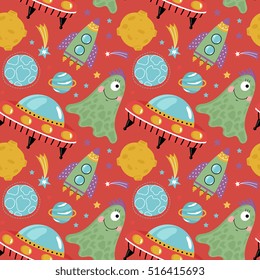 Space aliens funny cartoon seamless pattern. Cute one eye jelly creature, flying saucer, spaceship, stars, planets, comets, moon vector illustrations on red background. For wrapper, greeting cards