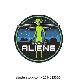 Space aliens icon with vector UFO spaceship or flying saucer, green alien monster, martian or extraterrestrial creature. Isolated round badge of ufology and astronomy themes