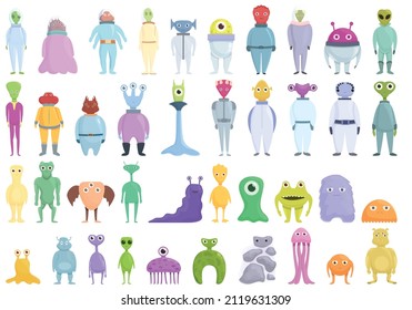 Space aliens icons set cartoon vector. Rocket asteroid. Monster mars