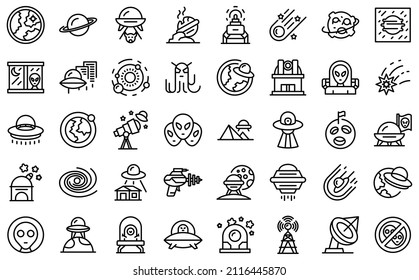 Space aliens icons set outline vector. Rocket spaceship. Monster mars