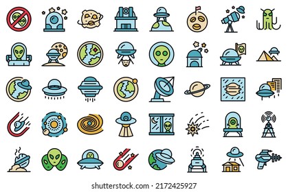 Space aliens icons set outline vector. Rocket spaceship. Monster mars