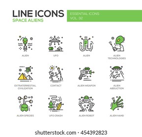 Space Aliens - Modern Vector Line Design Icons And Pictograms Set. UFO, Technologies, Extraterrestial Civilization, Contact, Weapon, Alien Abduction, Species, Crash, Robot Hand