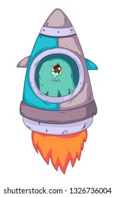 Space aliens, monster with spaceship, rocket. Cartoon character for little children. Kids drawing.