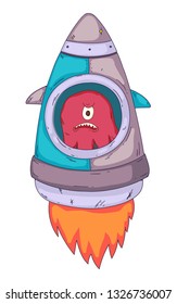 Space aliens, monster with spaceship, rocket. Cartoon character for little children. Kids drawing.