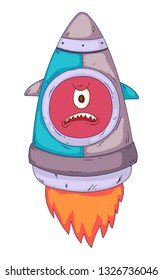 Space aliens, monster with spaceship, rocket. Cartoon character for little children. Kids drawing.
