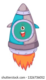 Space aliens, monster with spaceship, rocket. Cartoon character for little children. Kids drawing.