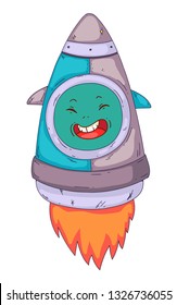 Space aliens, monster with spaceship, rocket. Cartoon character for little children. Kids drawing.
