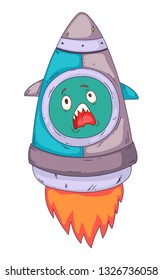 Space aliens, monster with spaceship, rocket. Cartoon character for little children. Kids drawing.