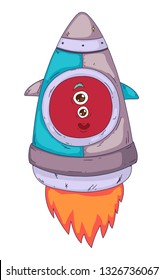 Space aliens, monster with spaceship, rocket. Cartoon character for little children. Kids drawing.