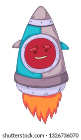 Space aliens, monster with spaceship, rocket. Cartoon character for little children. Kids drawing.