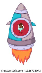 Space aliens, monster with spaceship, rocket. Cartoon character for little children. Kids drawing.