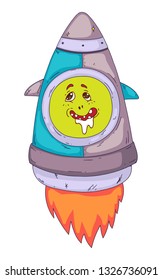 Space aliens, monster with spaceship, rocket. Cartoon character for little children. Kids drawing.