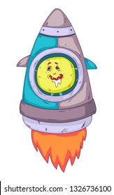 Space aliens, monster with spaceship, rocket. Cartoon character for little children. Kids drawing.
