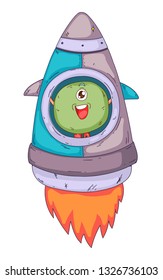 Space aliens, monster with spaceship, rocket. Cartoon character for little children. Kids drawing.
