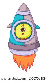 Space aliens, monster with spaceship, rocket. Cartoon character for little children. Kids drawing.