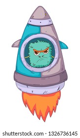Space aliens, monster with spaceship, rocket. Cartoon character for little children. Kids drawing.