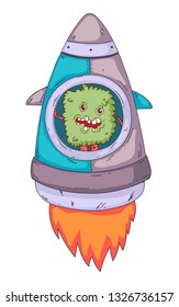 Space aliens, monster with spaceship, rocket. Cartoon character for little children. Kids drawing.