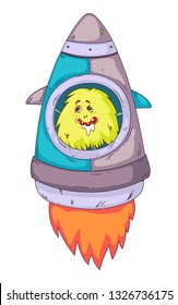 Space aliens, monster with spaceship, rocket. Cartoon character for little children. Kids drawing.