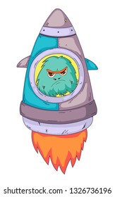 Space aliens, monster with spaceship, rocket. Cartoon character for little children. Kids drawing.