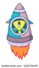 Space aliens, monster with spaceship, rocket. Cartoon character for little children. Kids drawing.