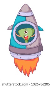 Space aliens, monster with spaceship, rocket. Cartoon character for little children. Kids drawing.