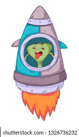 Space aliens, monster with spaceship, rocket. Cartoon character for little children. Kids drawing.